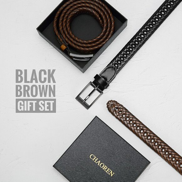 Leather Braided Belts for Men 2 Pack - 1 1/8" Leather Belts in Package Box - Ver - Picture 6 of 6